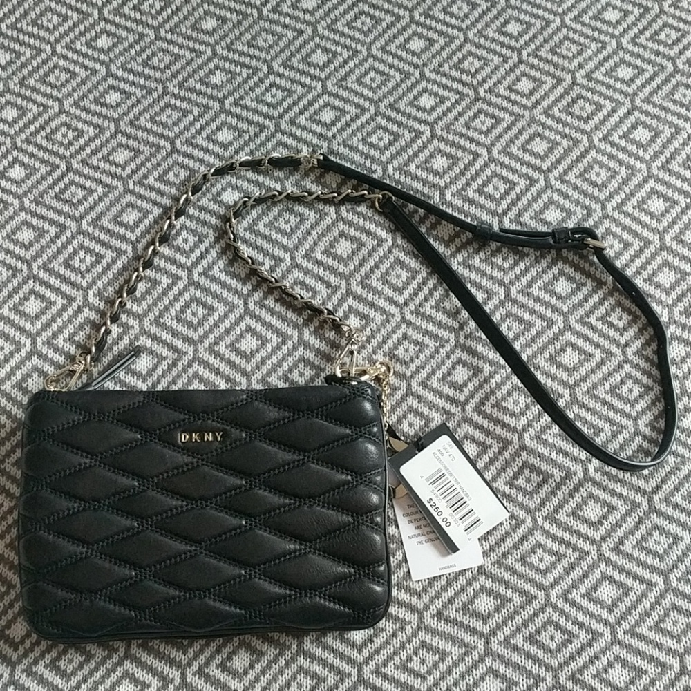 NWT DKNY Quilted Black Leather Dual Pocket X-body